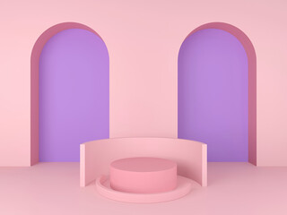 Abstract minimal geometric background; simple clean arched design with cylindrical podium; minimalist mockup; primitive light pink shapes; wall niche; blank space; 3d rendering, 3d illustration