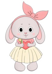 Cute bunny with pink heart and yellow tulip