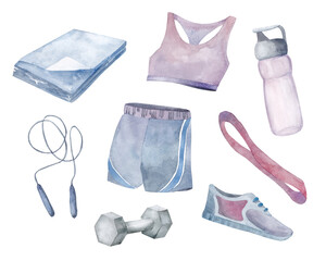 Gym and fitness accessories, women's workout clothes.Watercolor hand drawn illustration
