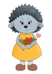Cute grey hedgehog in yellow dress with flowers