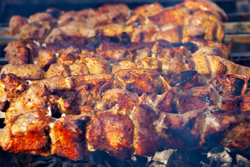 The meat is grilled. Pieces of kebab are fried on the fire. Meat on skewers close up.