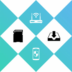 Set SD card, Smartphone with shield, Router and wi-fi and Download inbox icon. Vector