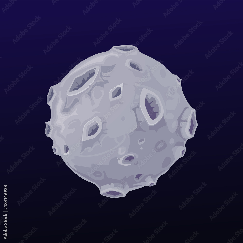 Poster Galaxy space grey planet with craters. Vector sphere with volcanic potholed gray surface. Globe in alien universe, Ui game object, fantasy comet, meteor isolated astronomical object in deep cosmos