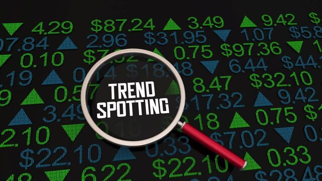 Trend Spotting Stock Market Share Magnifying Glass Price Search Find Momentum Buying Selling 3d Animation