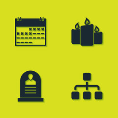 Set Calendar, Hierarchy organogram chart, Tombstone with RIP written and Burning candles icon. Vector
