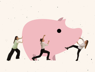 Contemporary art collage. Employees pushing giant piggy bank symbolizing savings