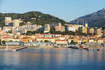 Fototapeta na wymiar Ajaccio port view, coastal summer cityscape. Corsica