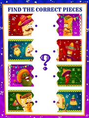 Find correct pieces of cartoon mexican tacos, avocado enchiladas , tamales funny characters. Kids jigsaw puzzle riddle vector worksheet or child logical game with matching activity and mexican meals