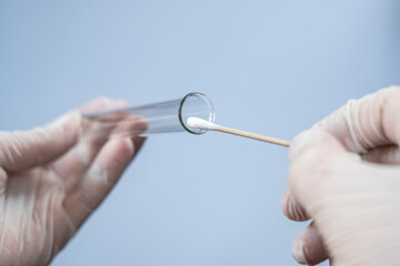 Glass test tube and cotton swab in the hands of a scientist. A virologist in rubber disposable...