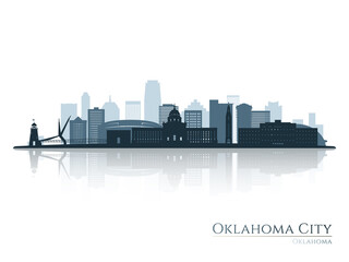 Oklahoma City skyline silhouette with reflection. Landscape OKC, Oklahoma. Vector illustration.