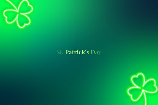Happy Saint Patricks Day banner. Minimalist gradient green background with neon shamrocks. Green vector backdrop.