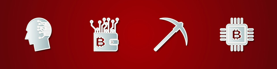 Set Brain as digital circuit board, Cryptocurrency wallet, Pickaxe and CPU mining farm icon. Vector