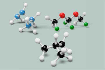 Picture of different greenhouse gases made by molecular model on the background. Chemical formula