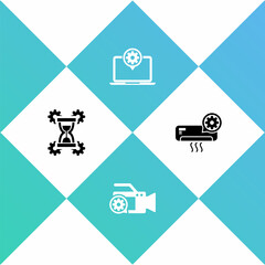 Set Hourglass setting, Video camera, Laptop and Air conditioner icon. Vector