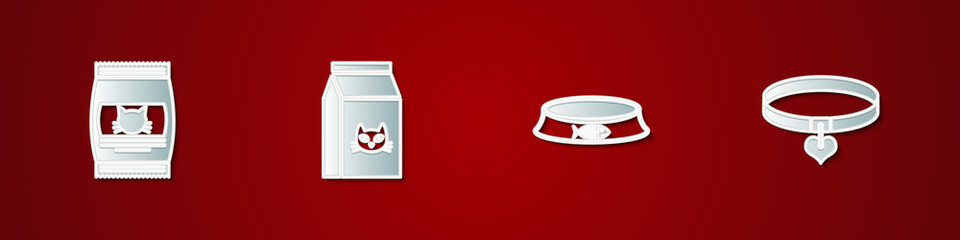 Set Bag of food for cat, , Pet bowl and Collar and heart icon. Vector