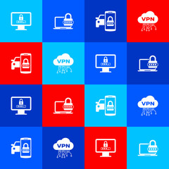 Set Monitor with password, Laptop, Smart car security system and Cloud VPN interface icon. Vector