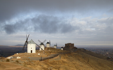 Consuegra, Toledo, windmills, places to grind grain that Don Quixote mistook for giants in the novel of the same name written by Cervantes,