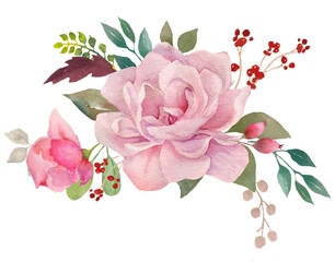 Floral bouquet, retro peonies, watercolor hand painted, clipping path included for fast isolation. Raster illustration - 484149700