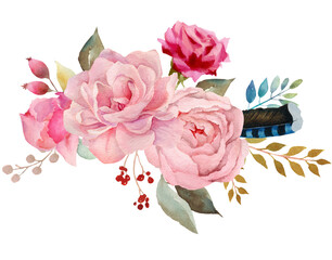 Floral bouquet, retro peonies, watercolor hand painted, clipping path included for fast isolation. Raster illustration - 484149720