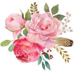 Floral bouquet, retro peonies, watercolor hand painted, clipping path included for fast isolation. Raster illustration - 484149724