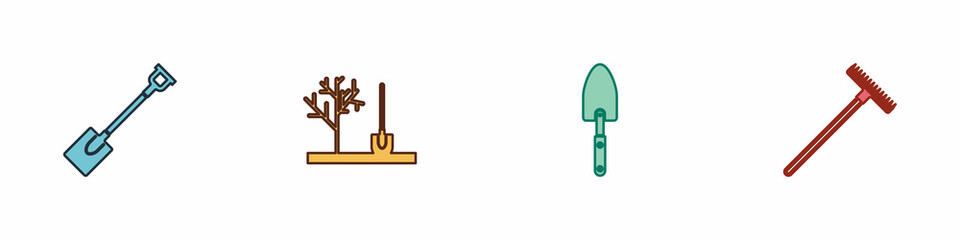 Set Garden shovel, Planting tree in the ground, trowel spade or and rake icon. Vector