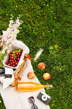 leisure, food and drinks concept - close up of picnic basket, bottle of fruit juice with sunglasses and film camera on grass