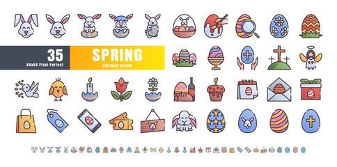 64x64 Pixel Perfect. Easter Day Set. Filled Color Line Outline Icons. For App, Web, Print. Ready to use and Easy to Customize. Editable Stroke.