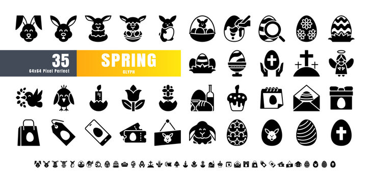 64x64 Pixel Perfect. Easter Day Set. Solid Glyph Icons. For App, Web, Print. Ready to use and Easy to Customize. Editable Stroke.
