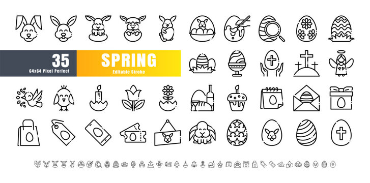 64x64 Pixel Perfect. Easter Day Set. Line Outline Icons. For App, Web, Print. Ready to use and Easy to Customize. Editable Stroke.