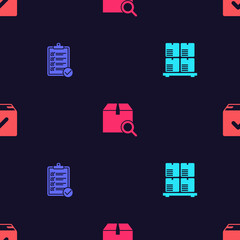 Set Cardboard boxes on pallet, Verification of delivery list, Search package and Package with check mark on seamless pattern. Vector