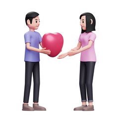 boy gives heart to girlfriend, 3d valentine's day concept character illustration