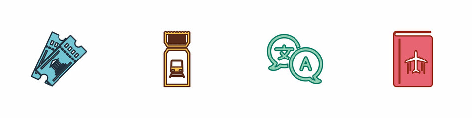 Set Museum ticket, Train, Translator and Cover book travel guide icon. Vector