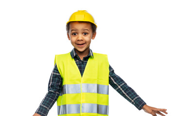 building, construction and profession concept - happy smiling little boy in yellow safety vest and helmet over white background