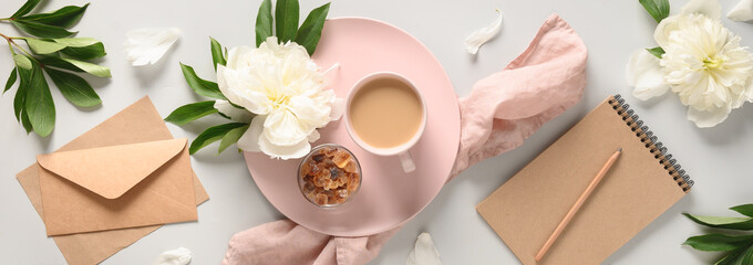 Banner with coffee cup, white peonies, craft envelope, sketchbook for planning on light background. Guest List. Wedding invitation. View from above, copy space.