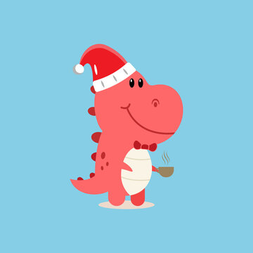 Vector graphics illustration of a cute Dinosaur Trex. put on a christmas hat and a cup of coffee.