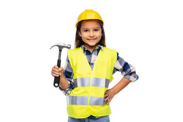 building, construction and profession concept - smiling little girl in protective helmet and safety...