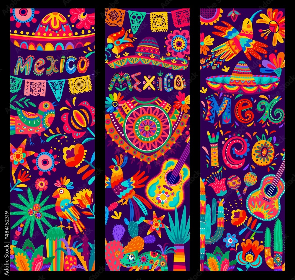 Wall mural mexican holiday music and culture banners with sombrero, guitars and birds, flowers and cactus, pape