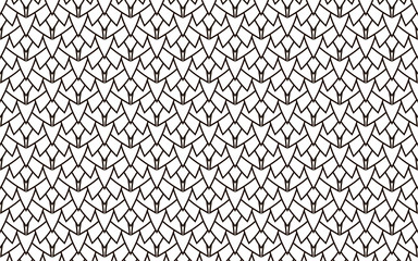 Sharp dragon squama geometric simple seamless pattern. Black and white background or roof texture. Minimal wallpaper. Reptile decorative skin or mermaid tail.