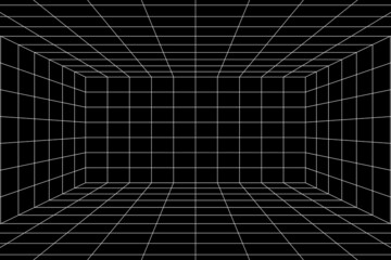 3d digital white grid of black room space with one point perspective. Empty geometric cyberspace studio background. Virtual three dimension scene. Easy guide architecture template