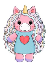 Cute baby unicorn with colorful hair and heart