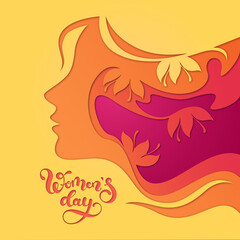 Greeting card, March 8.  Woman and flowers.  Digital art.