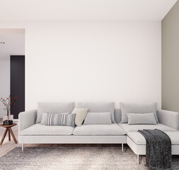 Modern small living room interior with empty white wall background 3D Rendering, 3D Illustration	