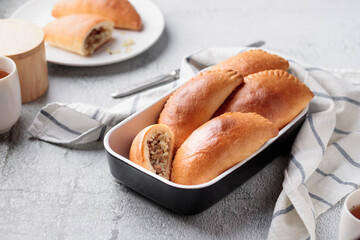 Homemade buns with meat and rice