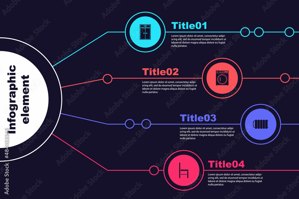 Sticker Set Wardrobe, Washer, Heating radiator and Chair. Business infographic template. Vector