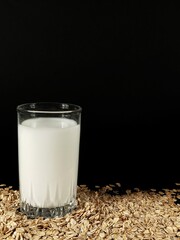 oat flakes with glass of milk on black background with copy space and selective focus
