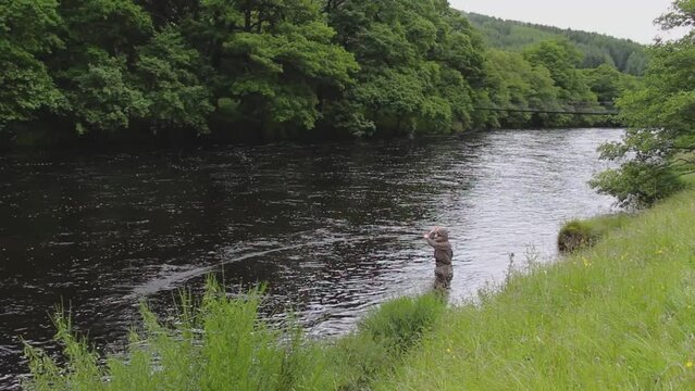 An fisherman salmon fly fishing on the River Orchy, Argyll, Scotland