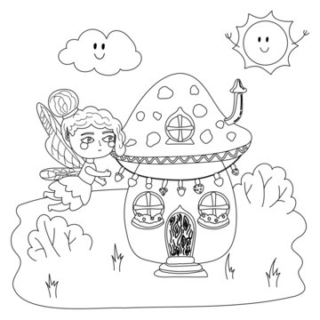 illustration coloring page house mushroom and cute fairy. Concept fairy tale coloring page for adults and children