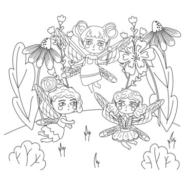 illustration coloring page of magical fairies among flowers. Coloring page for adults antistress and for children.
