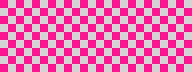Checkerboard banner. Light grey and Deep pink colors of checkerboard. Small squares, small cells. Chessboard, checkerboard texture. Squares pattern. Background.