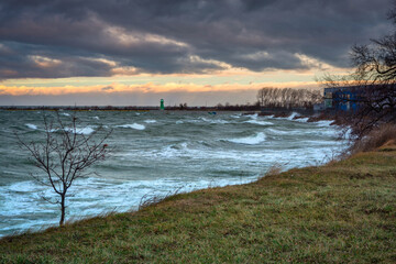 Storm on the Baltic Sea at sunset, Gdansk. Poland